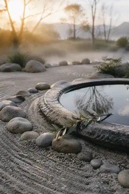 Peaceful Still Water Zen Garden at Dawn