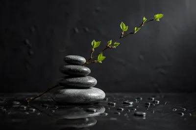 Peaceful Zen Stones with Spring Leaves
