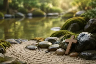 Peaceful Cross by Still Garden Water