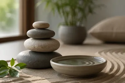 Stacked River Stones Beside Still Water