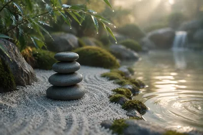 Stacked River Stones Beside Still Water