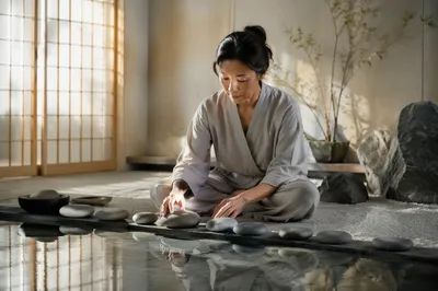 Woman Arranging Stones in Indoor Zen Garden