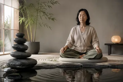 Woman in Minimalist Indoor Zen Garden