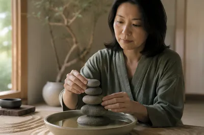 Woman Stacking River Stones by Still Water