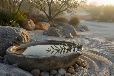 Peaceful Still Water Zen Garden at Dawn