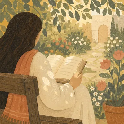 Peaceful Scripture Reading in Sunlit Garden