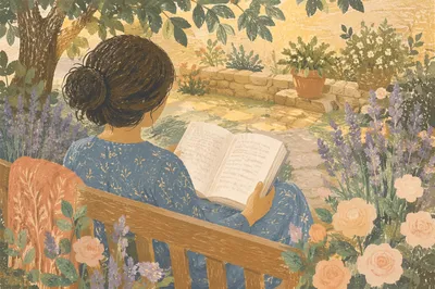 Peaceful Scripture Reading in Sunlit Garden