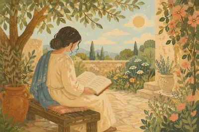 Peaceful Scripture Reading in Sunlit Garden