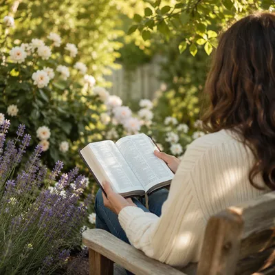 Peaceful Scripture Reading in Sunlit Garden