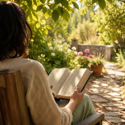Peaceful Scripture Reading in Sunlit Garden