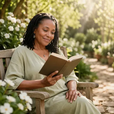 Woman Reading Book on Garden Bench