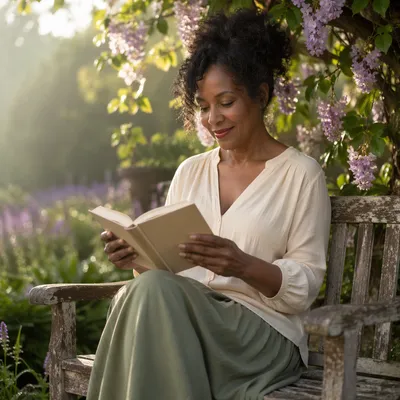Woman Reading on Garden Bench