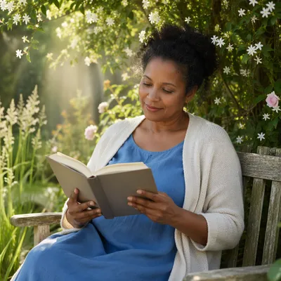 Woman Reading on Garden Bench