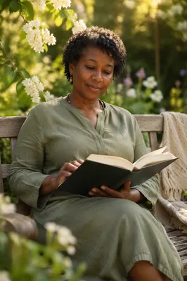 Woman Reading Book on Garden Bench