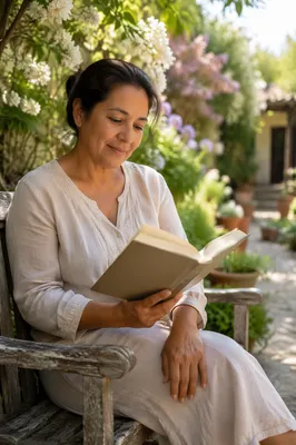 Peaceful Woman Reading in Sunlit Garden