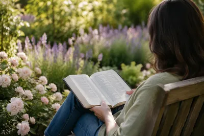 Peaceful Scripture Reading in Sunlit Garden