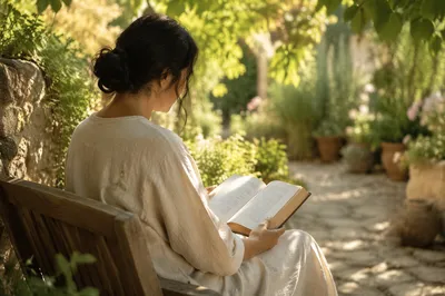 Peaceful Scripture Reading in Sunlit Garden