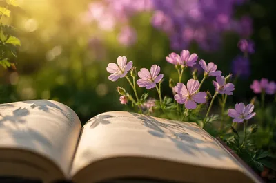 Open Scripture in Sunlit Garden Reflection