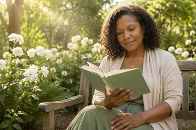 Woman Reading Book in Sunlit Garden