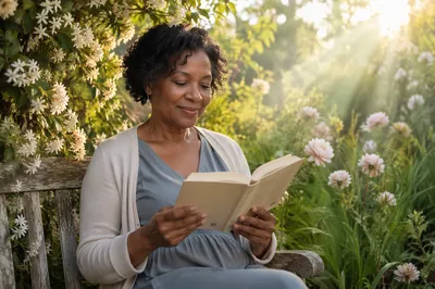 Woman Reading Book in Sunlit Garden