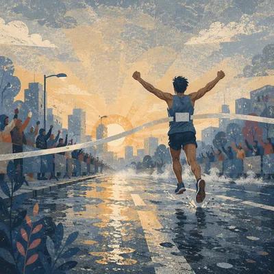 Runner Crossing Finish Line at Dawn