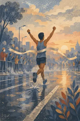 Persevering Runner Crossing Finish Line at Dawn