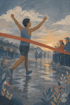 Runner Crossing Finish Line at Dawn