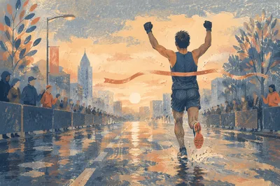 Runner Crossing Finish Line at Dawn
