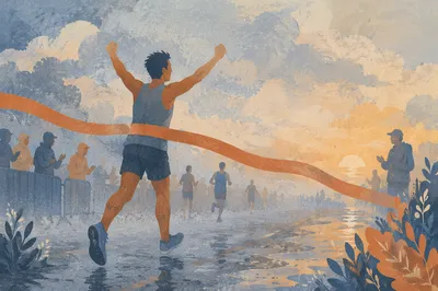 Runner Crossing Finish Line at Dawn
