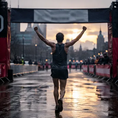 Persevering Runner Crossing Finish Line at Dawn