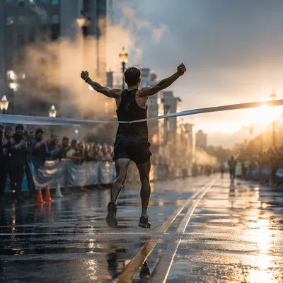 Triumphant Runner Crossing Finish Line at Dawn