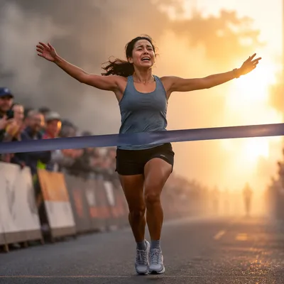 Runner Crossing Finish Line at Dawn