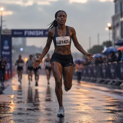 Runner Crossing Finish Line at Dawn
