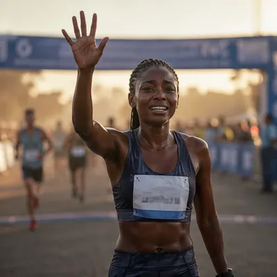 Young Woman Runner Crossing Finish Line