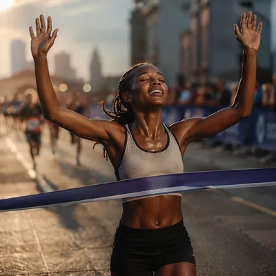 Runner Breaking Finish Tape at Dawn