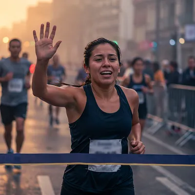 Runner Crossing Finish Line at Dawn