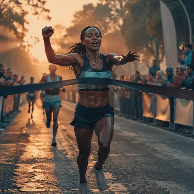Runner Breaking Finish Tape at Dawn