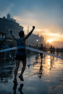 Runner Crossing Finish Line at Dawn