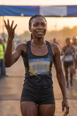 Runner Crossing Finish Line at Dawn