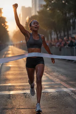 Runner Breaking Finish Tape at Dawn