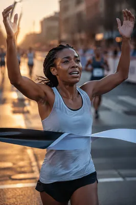 Runner Breaking Finish Tape at Dawn