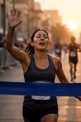 Runner Crossing Finish Line at Dawn