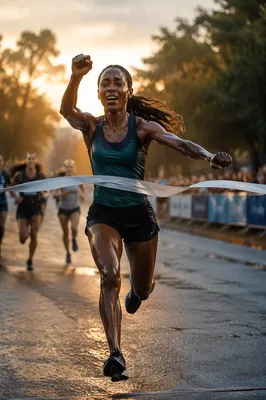 Runner Breaking Finish Tape at Dawn