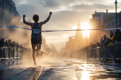 Runner Crossing Finish Line at Dawn