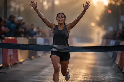 Runner Crossing Finish Line at Dawn