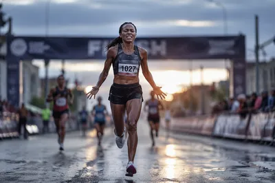 Determined Runner Near Finish Line at Dawn