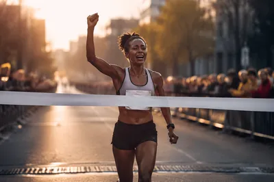 Runner Breaking Finish Tape at Dawn