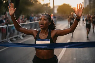 Runner Breaking Finish Tape at Dawn