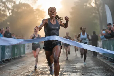 Runner Breaking Finish Tape at Dawn