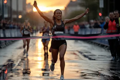 Runner Breaking Finish Tape at Dawn